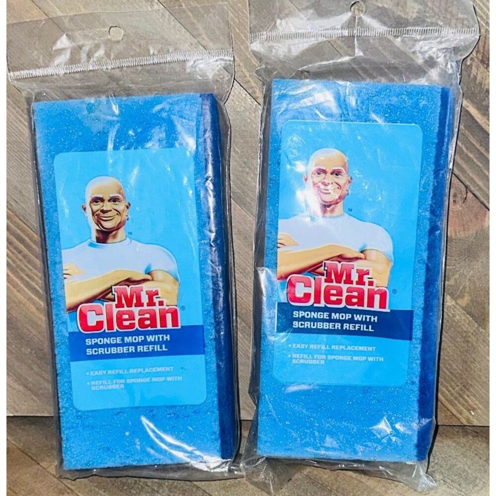 Lot of 2 Mr Clean Blue Sponge Mop with Scrubber Refills